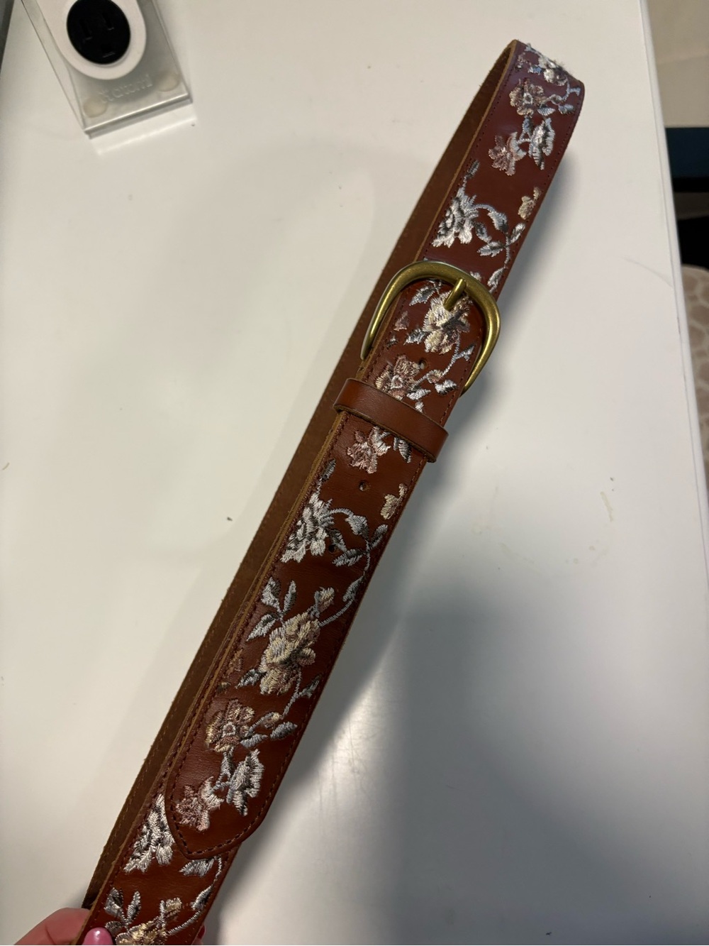 Lucky Brand Brown Leather Belt with Silver-Cream Floral Embroidery